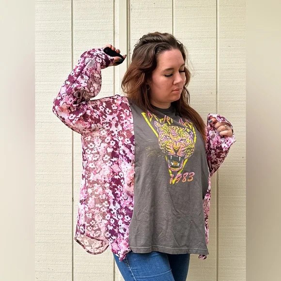 SOLD Upcycle Def Leppard Boho Floral Semi Sheer Top Blouse - One Of A Kind - Picture 7 of 15